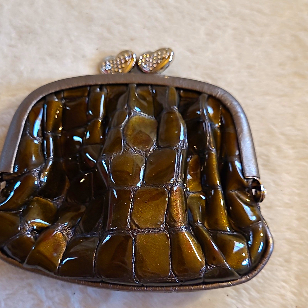 Brighton Olive Croc Embosse Patent Leather Kiss Lock Heart Coin Purse Pouch Vtg